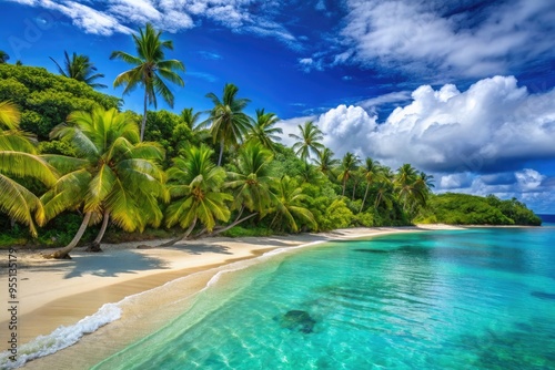 Turquoise ocean waves gently lap against a pristine white sandy beach, surrounded by lush green tropical forest and swaying palm trees in a serene Fijian landscape.