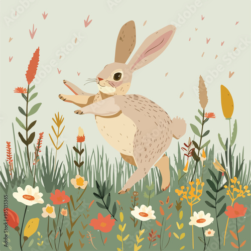 Happy bunny rabbit illustration colorful floral meadow wildflowers spring easter cute animal wildlife nature background