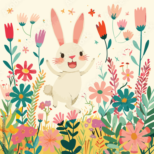 Cute happy bunny rabbit jumping in flower garden spring summer cartoon illustration floral wildflower meadow nature botanical easter holiday whimsical fun playful animaldesign element isolated