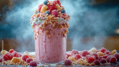 decadent dessert creation towering milkshake overflowing with indulgent toppings vibrant colors varied textures balancing precariously in stylized food photography composition photo