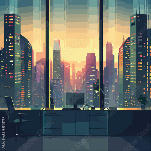 Empty Modern Office Interior With Big Windows Overlooking Cityscape At Sunset Workplace Design Business Background Business Center City View From Window Concept