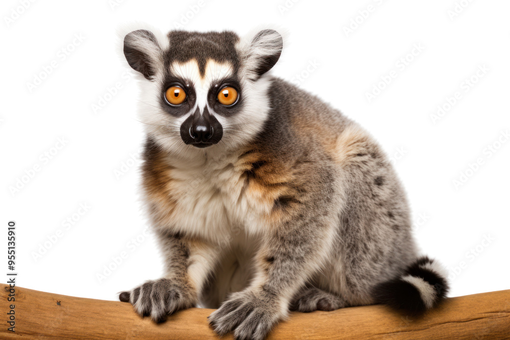 A playful lemur cat with large, expressive eyes and a striped tail, isolated on white background A playful lemur cat with large, expressive eyes and a striped tail, isolated on white background