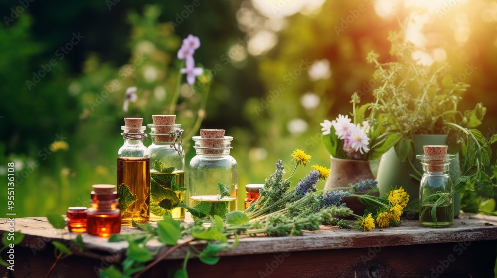 Concept of alternative herbal medicine. Bottles of tincture or potion, organic essential oils. Neural network ai generated art Concept of alternative herbal medicine. Bottles of tincture or potion, organic essential oils. Neural network ai generated art