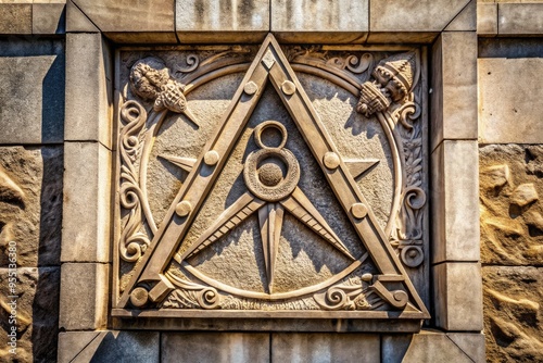 Venerable architecture detail featuring a stonework square and compasses, ancient fraternal order emblem, on a worn granite wall, surrounded by ornate carvings and subtle shadows.