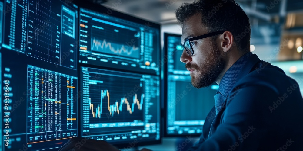 Financial analyst reviewing currency exchange data on a digital platform interactive and comprehensive interface Financial analyst reviewing currency exchange data on a digital platform interactive and comprehensive interface