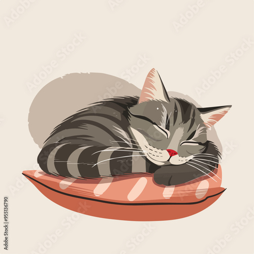 Cute tabby cat sleeping on pillow pet animal domestic feline kitten adorable kitty sleep napping cozy comfort relaxation whiskers stripes gray brown orange white background isolated illustration