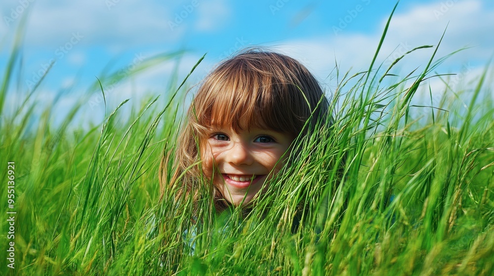 A child playing hide and seek in a tall grassy field, peeking out from behind the grass with a playful grin. A child playing hide and seek in a tall grassy field, peeking out from behind the grass with a playful grin.