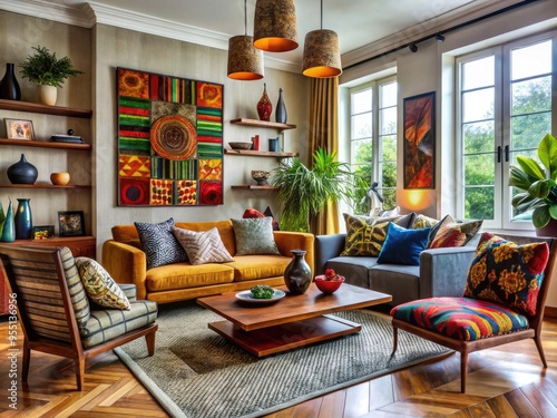 Vibrant Afro-inspired textiles and eclectic decor fill a stylish, modern living room with rich wood accents and chic furniture, blending cultural heritage with contemporary design.