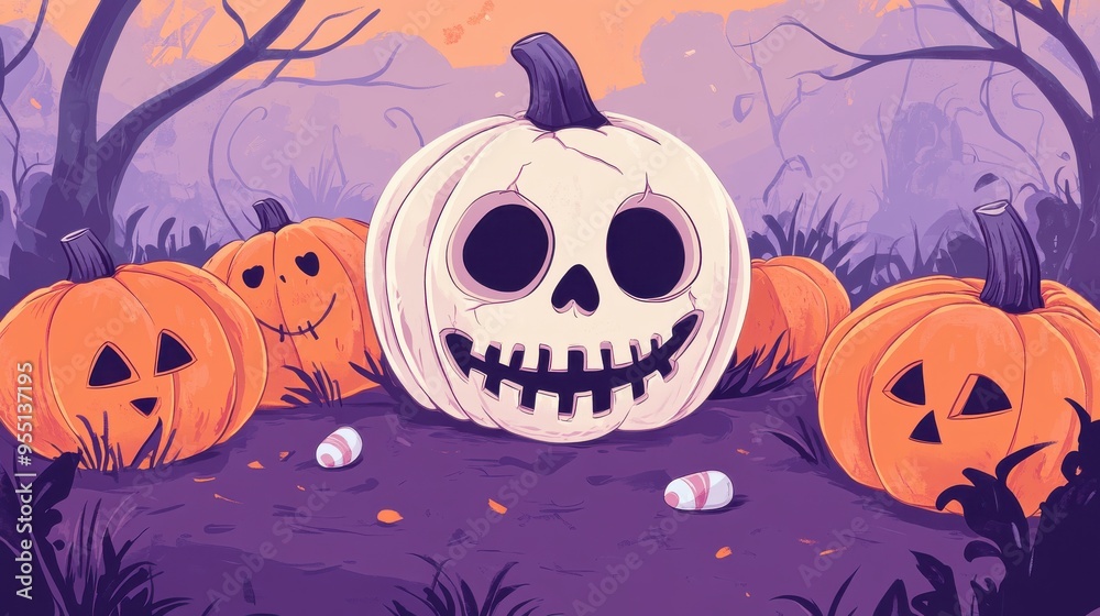 A whimsical Halloween scene featuring spooky pumpkins with playful faces set against a twilight background. A whimsical Halloween scene featuring spooky pumpkins with playful faces set against a twilight background.