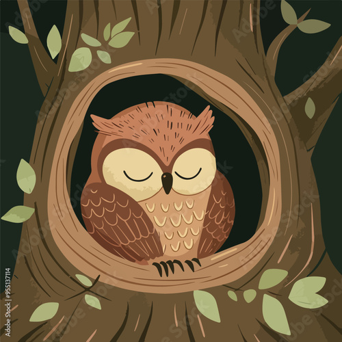 Cute Woodland Owl Sleeping Peacefully in Tree Hollow Background Forest Animals Nighttime Wildlife Illustration Design Element for Kids Products and Nature Themes