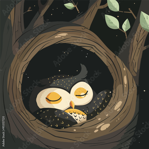 Cute Sleeping Owl In Tree Hollow Night Wildlife Illustration Nature Animal Bird Forest Woodland Nocturnal Cartoon Character Digital Art Background