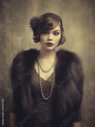 vintage style portrait of woman in fur coat and pearl necklace with 1920s makeup and hairstyle
