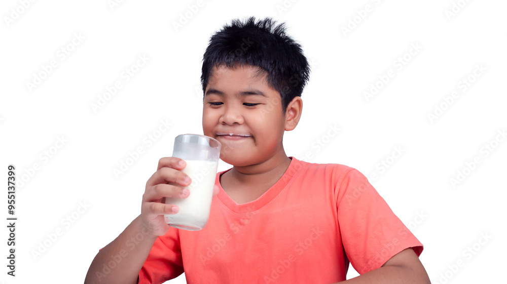 Concept of happy good nutrition, Portrait of a little young handsome kid boy in pink t-shirt, Holding a glass of milk on white background, Smiling of Asian boy with a glass of milk. Concept of happy good nutrition, Portrait of a little young handsome kid boy in pink t-shirt, Holding a glass of milk on white background, Smiling of Asian boy with a glass of milk.