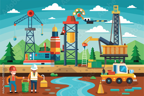 Modern flat design vector of an oil drilling rig, illustrating key elements of the oil and gas industry.