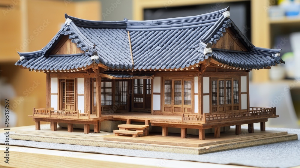 A scale model home with a traditional Korean tiled roof and wooden porch A scale model home with a traditional Korean tiled roof and wooden porch