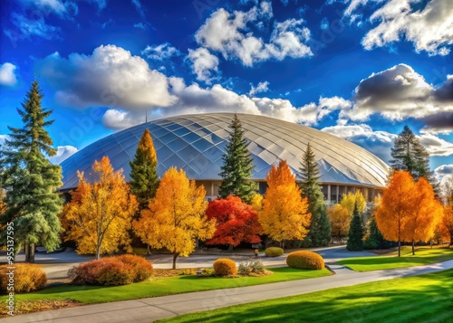 Vibrant autumn foliage surrounds the tranquil Kibbie Dome on the University of Idaho campus in Moscow, Idaho, on a crisp sunny day with clear blue skies.