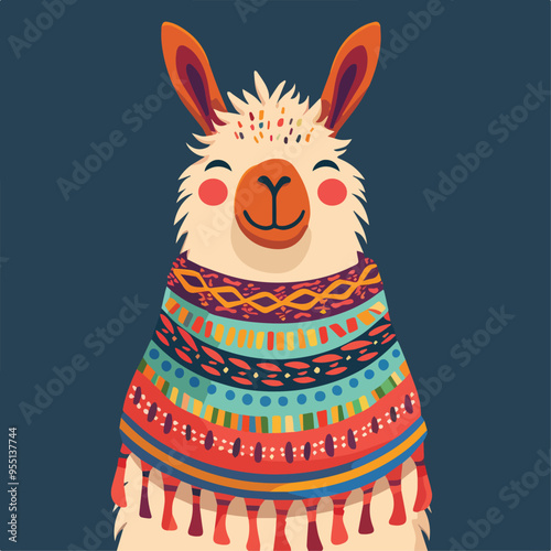 Cute llama alpaca wearing ethnic colorful poncho ornament indigenous animal wildlife fauna graphic illustration design element isolated dark background