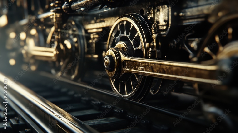 Fototapeta premium A close-up of a train wheel and tracks, with the detailed mechanisms visible, and a sense of motion as the train slowly starts to move.