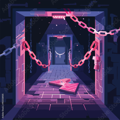 Dark corridor with chains and glowing arrow signillustration fantasy game design concept art dungeon escape room video game concept art digital art futuristic cyberpunk neon lights synthwave art photo