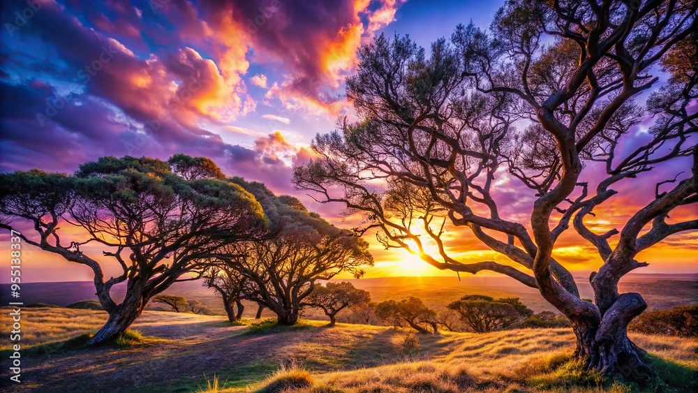 A sweeping horizon captures majestic twisted Blue-Magenta Violet trees at sunset, with warm golden light peeking through gnarled branches, a realistic photo image. A sweeping horizon captures majestic twisted Blue-Magenta Violet trees at sunset, with warm golden light peeking through gnarled branches, a realistic photo image.