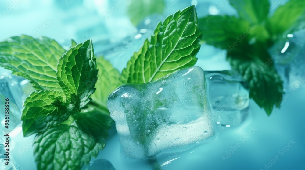 Ice cubes and fresh mint leaves on blue background. Neural network ai generated art Ice cubes and fresh mint leaves on blue background. Neural network ai generated art