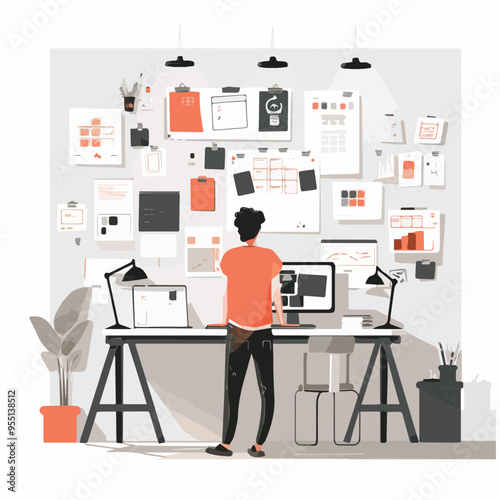 Web Designer Working At Desk With Moodboard On Wall Office Workplace Interior Design Inspiration Concept