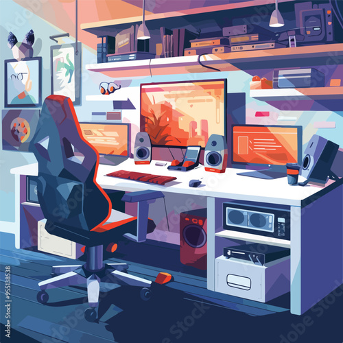 Modern Gaming Room Setup With Powerful Computer Gaming Chair Multiple Monitors and Accessories Gamer Workspace Concept Illustration