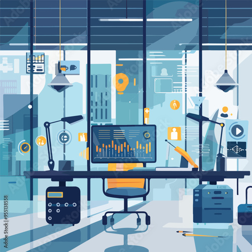 Modern Office Workspace Interior Design With Desk Computer City View And Business IconsIllustration