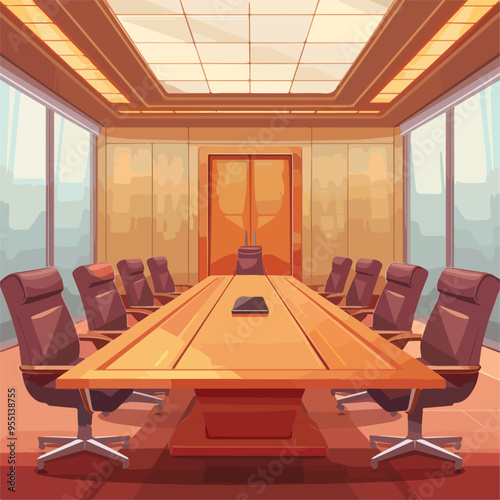 Empty Conference Room Interior Design Big Meeting Table Leather Chairs Windows City ViewIllustration Business Corporate Office Workspace Modern Professional Meeting Room Interior Empty Background