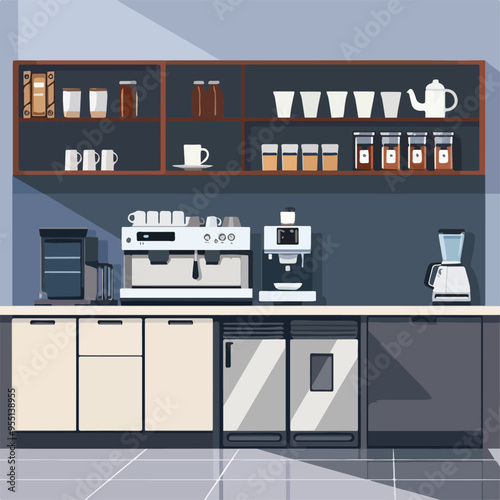 Modern Office Coffee Station Interior Design with Coffee Machine Cabinets and Shelves on Blue Wall BackgroundIllustration
