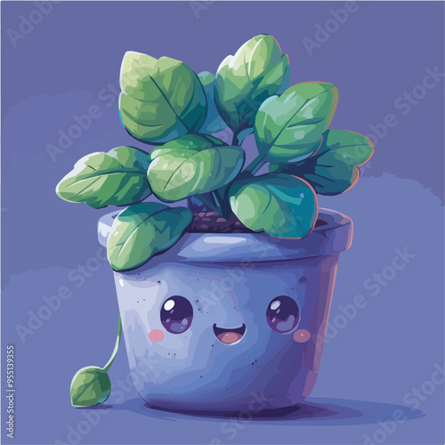 Cute happy cartoon potted plant houseplant illustration gardening kawaii house plant indoor plant urban jungle green leaves botanical illustration background