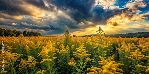 Dark golden rod flowers in a field, panoramic view, cloudy sky, nostalgic and sentimental mood, a realistic photo image.
