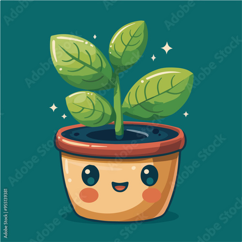 Cute Kawaii Happy Potted Plant Character Illustration Green Gardening Nature Botany Floral Spring Summer Eco Friendly Environment Earth DayCartoon Graphic Design Element Digital Sticker Icon