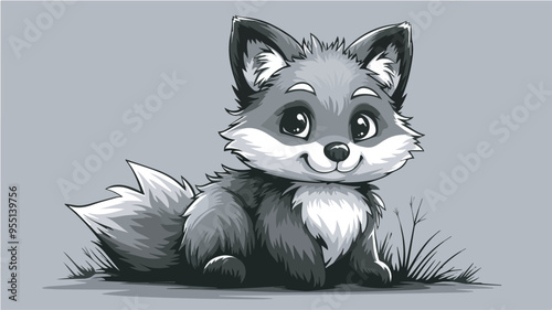 Cute baby fox illustration sitting in grass monochrome cartoon animal character for children book or sticker design isolated on gray background