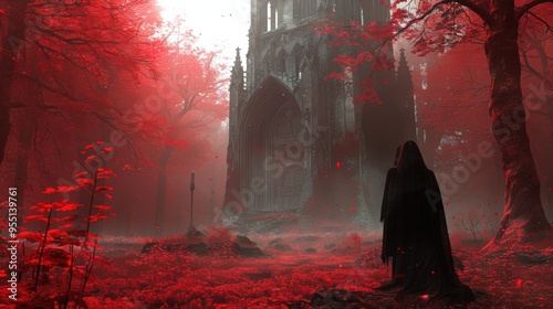 Mysterious figure before gothic cathedral in red forest
