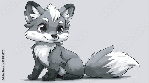Cute Gray Fox Cartoon Character Sitting Isolated On Background Monochrome Illustration Animal Wildlife Nature Wild Predator Forest Furry Tail Mammal Design Element Print Postcard Template Doodle