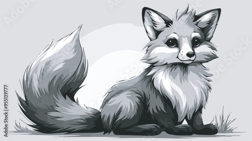 Cute Gray Fox Cartoon Illustration Wildlife Animal Forest Woodland Furry Mammal Nature Canine GrayScale Background Isolated Digital Art Sticker Design Graphic Print TShirt Design