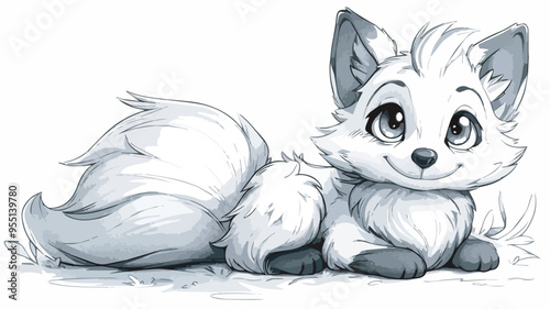 Cute Smiling Arctic Fox Cartoon Illustration Fluffy Tail Winter Wildlife Animal Background Digital Art Graphic Design Illustration