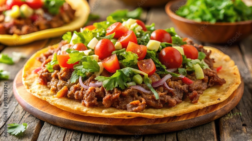 Vibrant close-up of a crispy corn tortilla topped with refried beans, juicy ground beef, diced tomatoes, shredded lettuce, and melted cheese. Vibrant close-up of a crispy corn tortilla topped with refried beans, juicy ground beef, diced tomatoes, shredded lettuce, and melted cheese.