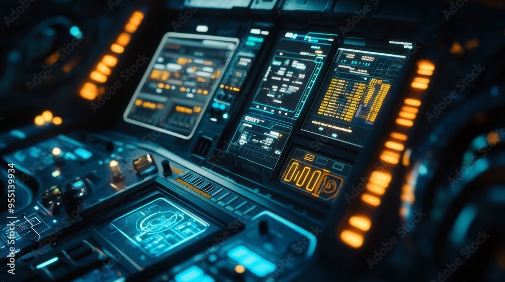 Obraz premium A detailed close-up of a spacecraft's control panel, with illuminated buttons, screens displaying data, and the vastness of space visible through a window.