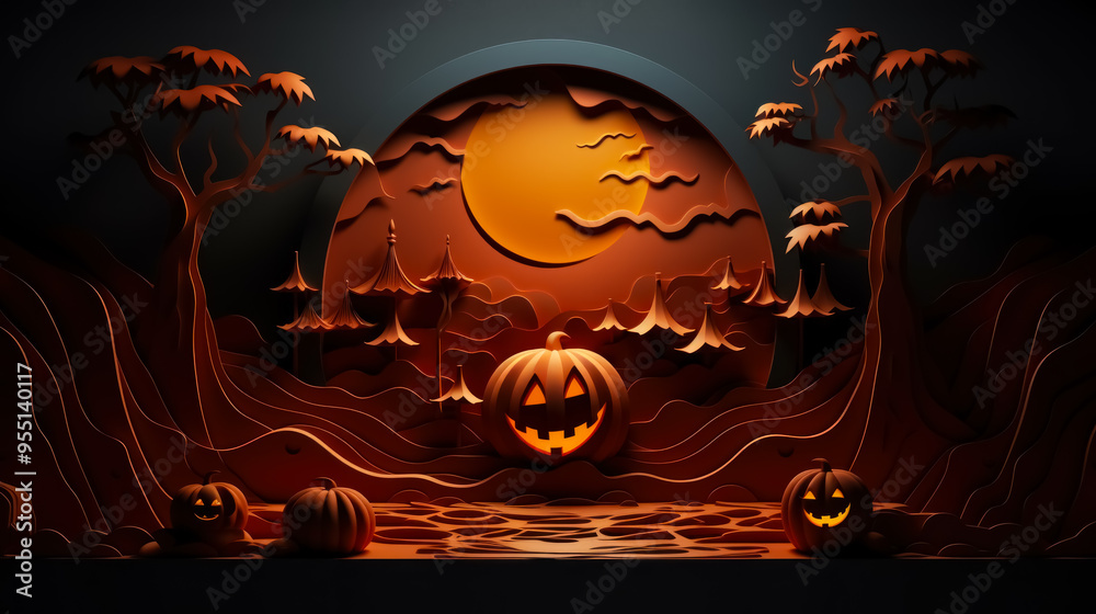 Moonlit Red Red moonlit night with terrifying pumpkins, crafted in a hauntingly ...