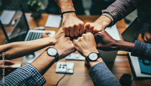 Teamwork, Collaboration, and Mutual Support A Group of Diverse Professionals Demonstrate Unity and Shared Success Through a Powerful Fist Bump