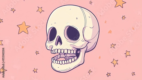 A whimsical skull illustration against a pastel pink background with stars, perfect for Halloween themes or quirky designs.