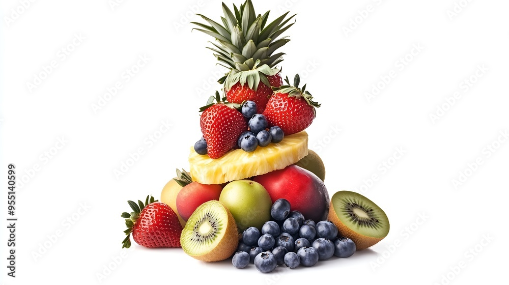 Vibrant Fruit Pyramid - Fresh Assorted Fruits on White Background Vibrant Fruit Pyramid - Fresh Assorted Fruits on White Background