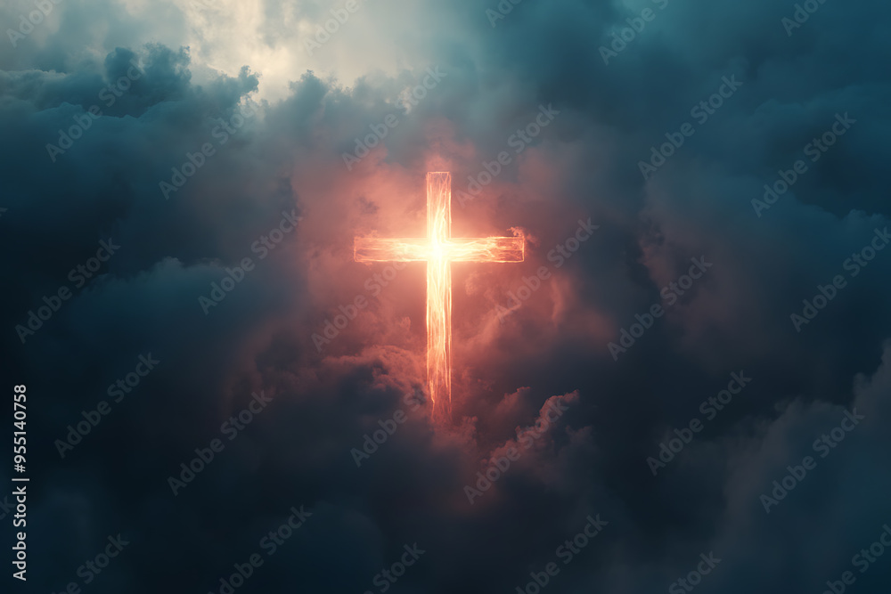 A glowing cross is prominently displayed in a cloudy sky, radiating light through the clouds A glowing cross is prominently displayed in a cloudy sky, radiating light through the clouds