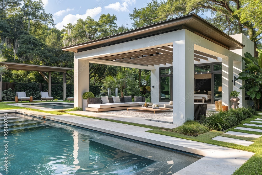 Fototapeta premium Poolside pavilion with modern white slat wall, lush green grass, concrete pavers, and square stone pebble paver in New Orleans home designed by Jean Stoffer.