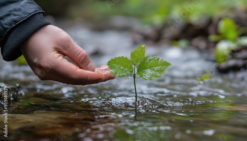 The Power of Teamwork in Environmental Conservation A Hand Gently Nurturing a Sapling in a Flowing Stream, Symbolising the Collaborative Effort to Protect and Preserve Our Planet's Natural Resources photo