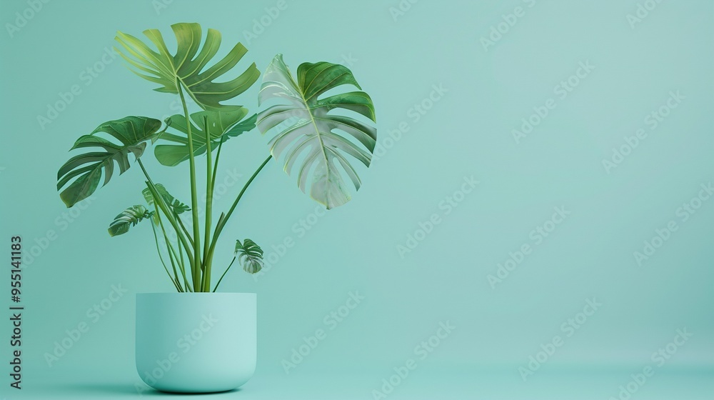 A potted Monstera plant with large, green leaves stands against a light blue background, offering a clean, minimalist aesthetic. A potted Monstera plant with large, green leaves stands against a light blue background, offering a clean, minimalist aesthetic.