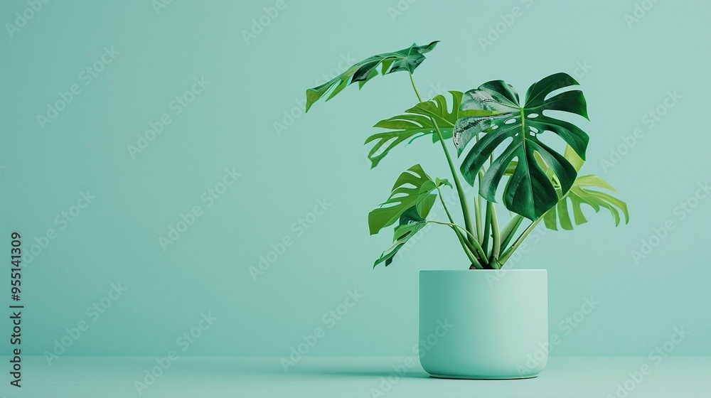 A potted monstera plant with large green leaves against a light blue background.