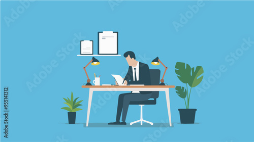 Businessman working in office workplace desktop computer office worker business person workspace entrepreneur professional job illustration design isolated graphic vector desk corporate businessman